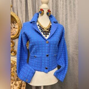 Blue Women's Textured Button-Up Jacket /Sweater with Jewelry